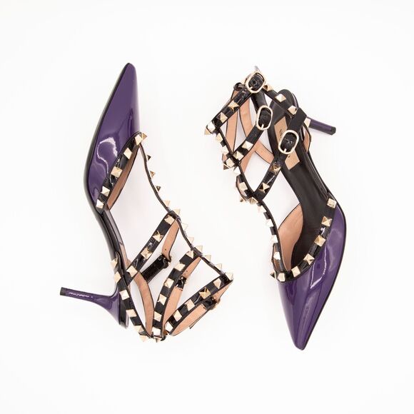VALENTINO GARAVANI Rockstud Caged Mid Heel EU 37.5/US 7.5 Purple/Black - Picture 9 of 11